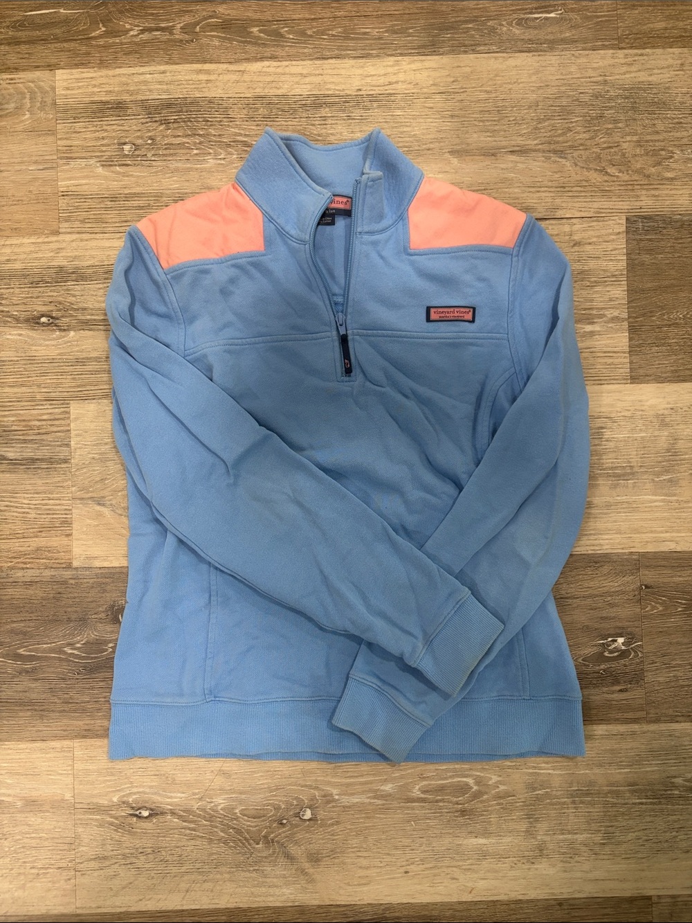 Vineyard Vines Light Blue Shep Quarter-Zip Pullover with Coral Shoulder Panels